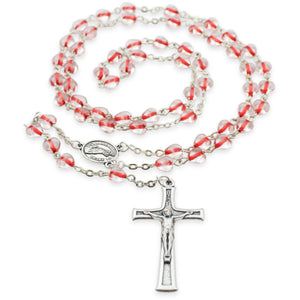 Our Lady of Fatima Rosary – 6mm Red & Clear Glass Heart-Shaped Beads with Silver Tone Crucifix and Fatima Medallion