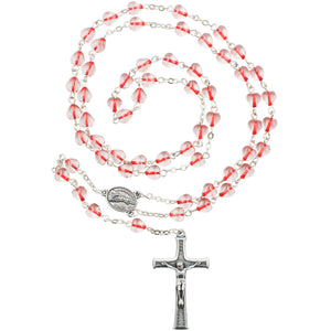 Our Lady of Fatima Rosary – 6mm Red & Clear Glass Heart-Shaped Beads with Silver Tone Crucifix and Fatima Medallion