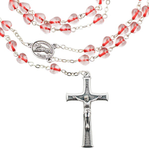 Our Lady of Fatima Rosary – 6mm Red & Clear Glass Heart-Shaped Beads with Silver Tone Crucifix and Fatima Medallion