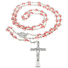 Load image into Gallery viewer, Our Lady of Fatima Rosary – 6mm Red &amp; Clear Glass Heart-Shaped Beads with Silver Tone Crucifix and Fatima Medallion
