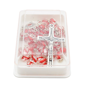 Our Lady of Fatima Rosary – 6mm Red & Clear Glass Heart-Shaped Beads with Silver Tone Crucifix and Fatima Medallion