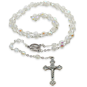 Our Lady of Fatima Rosary – 5mm Iridescent Glass Beads with Silver Tone Crucifix and Fatima Medallion