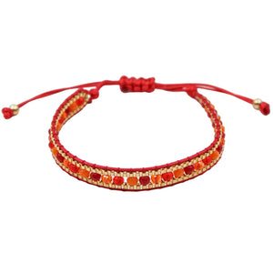 Red Woven Friendship Bracelet – Adjustable Cord Design with Gold Accents and Red-Orange Glass Beads