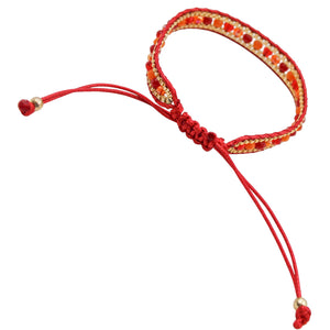 Red Woven Friendship Bracelet – Adjustable Cord Design with Gold Accents and Red-Orange Glass Beads