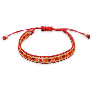 Red Woven Friendship Bracelet – Adjustable Cord Design with Gold Accents and Red-Orange Glass Beads