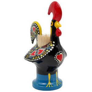Traditional Hand-Painted Portuguese Good Luck Rooster Metal Toothpick Holder, 5"