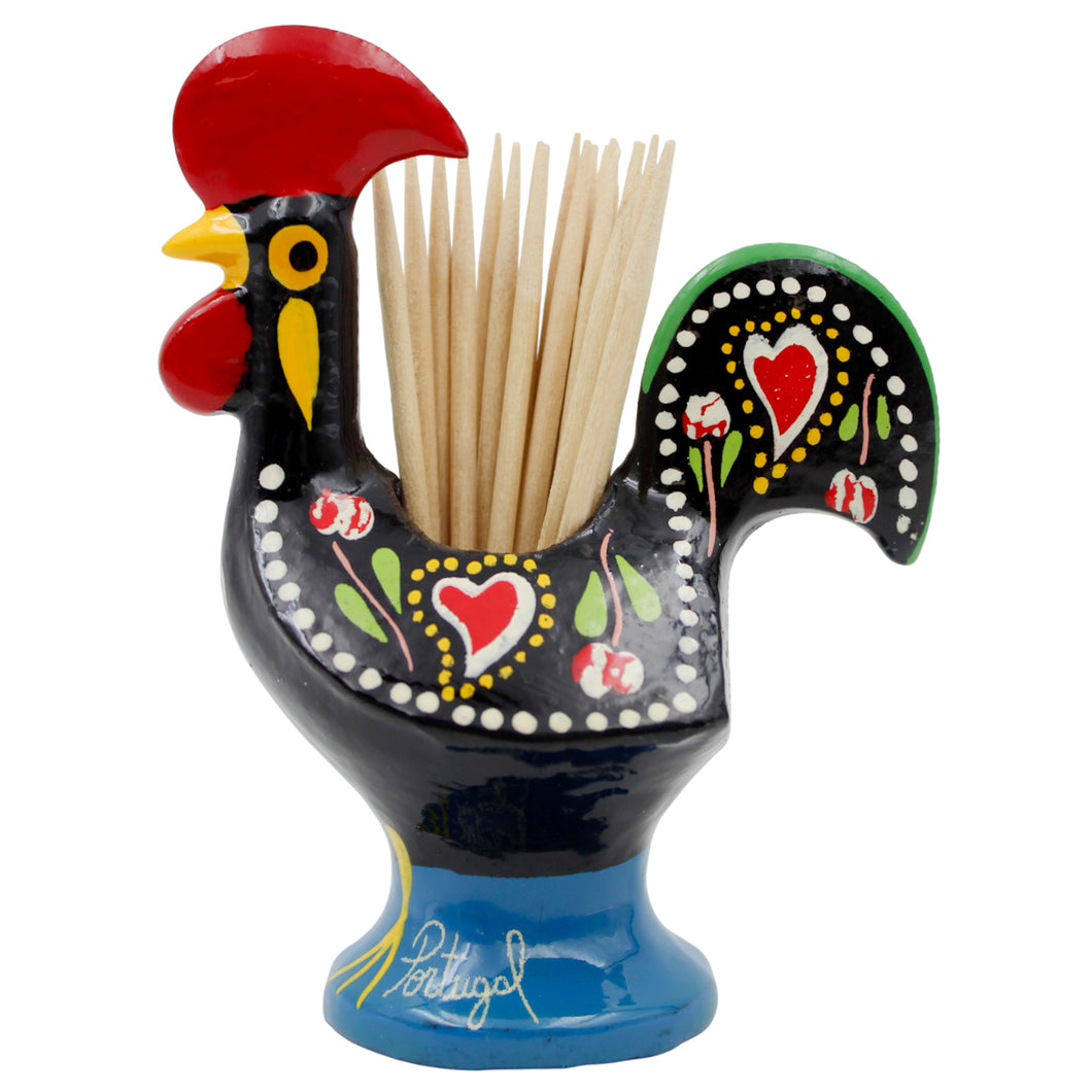 Traditional Hand-Painted Portuguese Good Luck Rooster Metal Toothpick Holder, 3.25