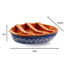 Load image into Gallery viewer, Hand-Painted Terracotta Sausage Roaster Blue or Yellow Design
