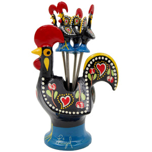 Traditional Hand-Painted Portuguese Good Luck Rooster with Appetizer Tapas Forks