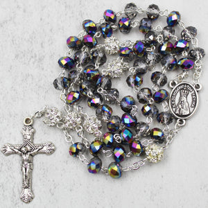 Our Lady of Fatima Rosary with Iridescent Glass Beads and Case