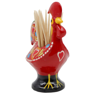 Traditional Hand-Painted Portuguese Good Luck Rooster Metal Toothpick Holder, 3.25"