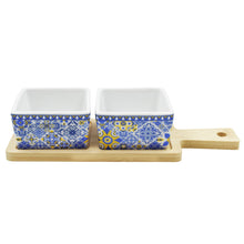 Load image into Gallery viewer, Portuguese Azulejo Style Sauce &amp; Snack Dishes with Wooden Serving Tray
