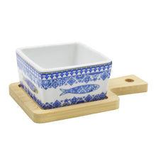 Load image into Gallery viewer, Portuguese Azulejo Style Sauce &amp; Snack Dish with Wooden Serving Tray, Sardine
