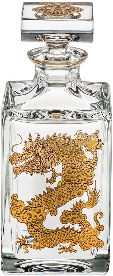 Vista Alegre Crystal Golden Whisky Decanter with Gold Dragon