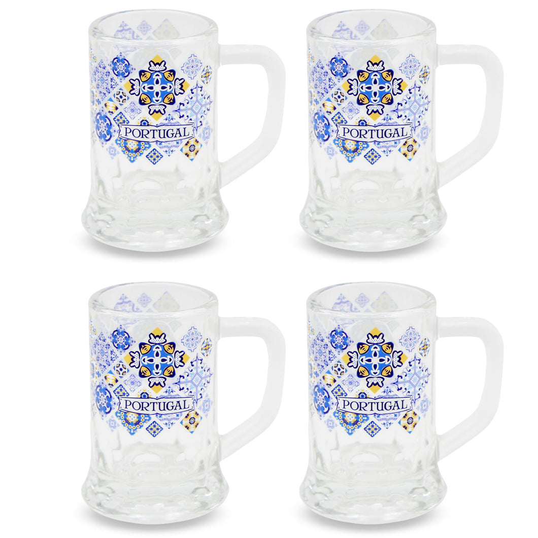 Set of 4 Portuguese Shot Glasses – Mini Beer Mug Style with Blue & Yellow Tile Design