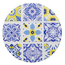 Load image into Gallery viewer, Set of 4 Portuguese Ceramic Coasters with Cork Backing – Blue Yellow Azulejo Tile Design

