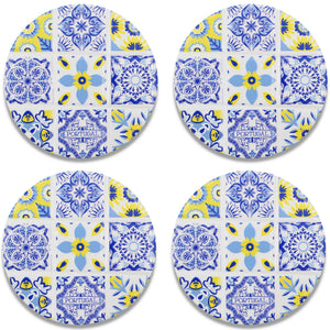 Set of 4 Portuguese Ceramic Coasters with Cork Backing – Blue Yellow Azulejo Tile Design