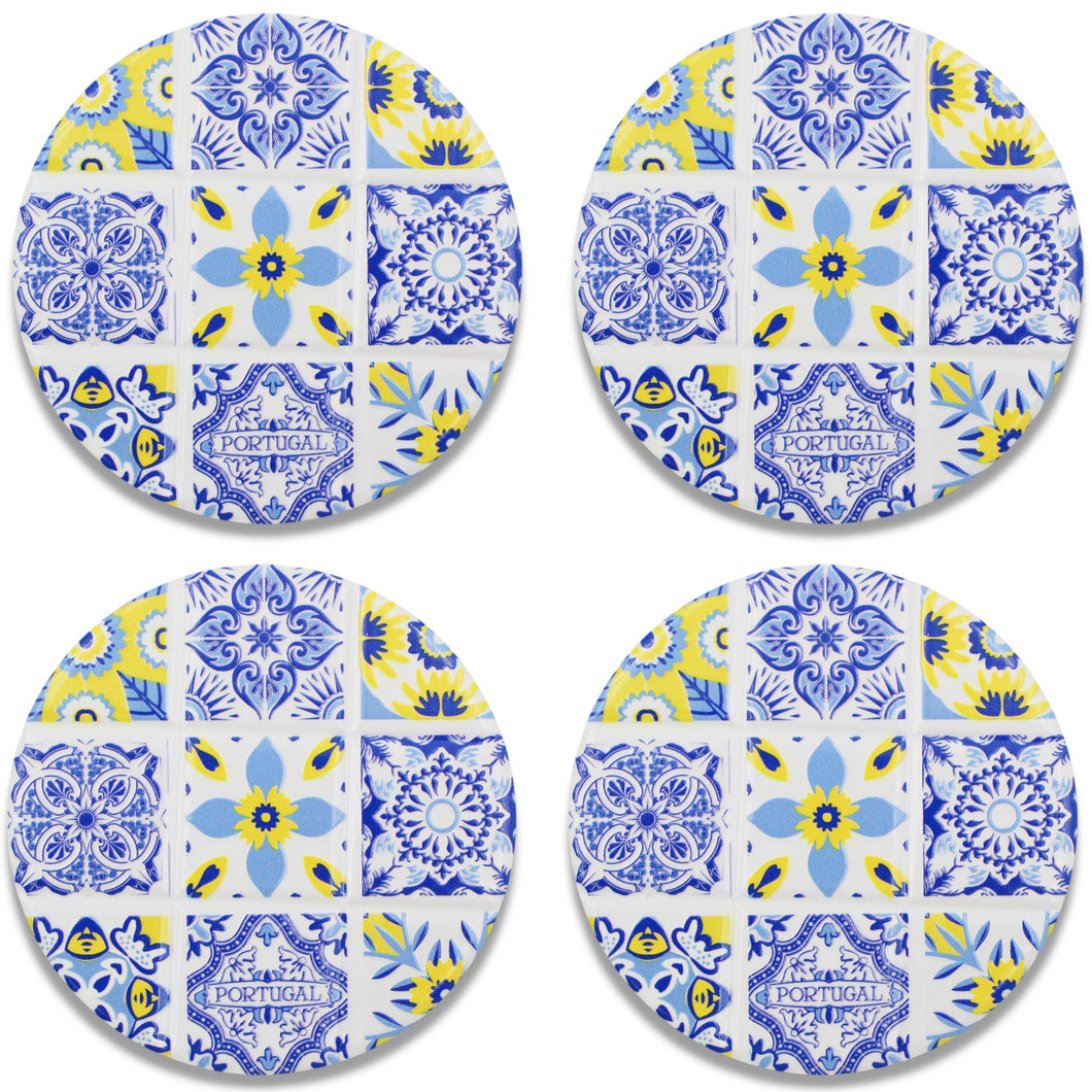 Set of 4 Portuguese Ceramic Coasters with Cork Backing – Blue Yellow Azulejo Tile Design