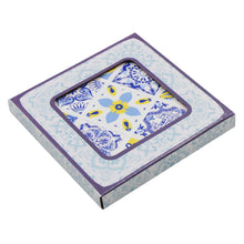 Load image into Gallery viewer, Set of 4 Portuguese Ceramic Coasters with Cork Backing – Blue Yellow Azulejo Tile Design
