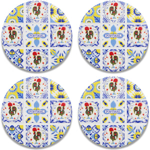 Set of 4 Portuguese Ceramic Coasters with Cork Backing – Azulejo Tile Design with Bracelos Rooster