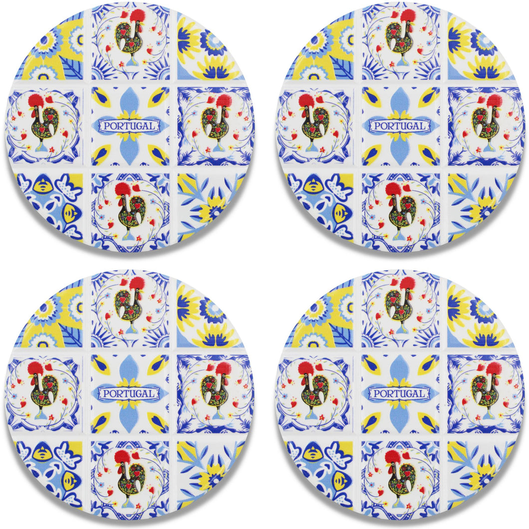 Set of 4 Portuguese Ceramic Coasters with Cork Backing – Azulejo Tile Design with Bracelos Rooster