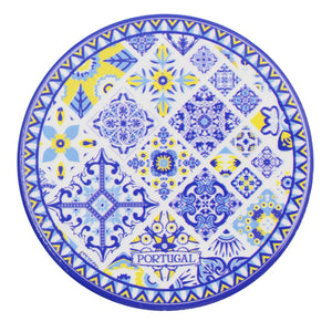 Set of 4 Portuguese Ceramic Coasters with Cork Backing – Blue Yellow Azulejo Tile Design