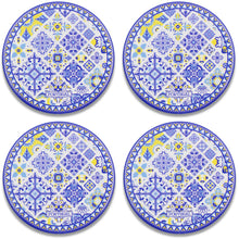 Load image into Gallery viewer, Set of 4 Portuguese Ceramic Coasters with Cork Backing – Blue Yellow Azulejo Tile Design
