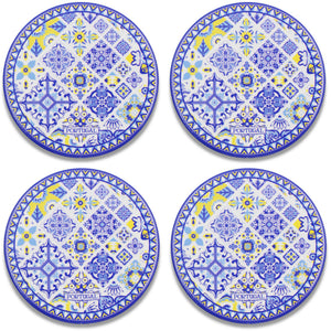 Set of 4 Portuguese Ceramic Coasters with Cork Backing – Blue Yellow Azulejo Tile Design