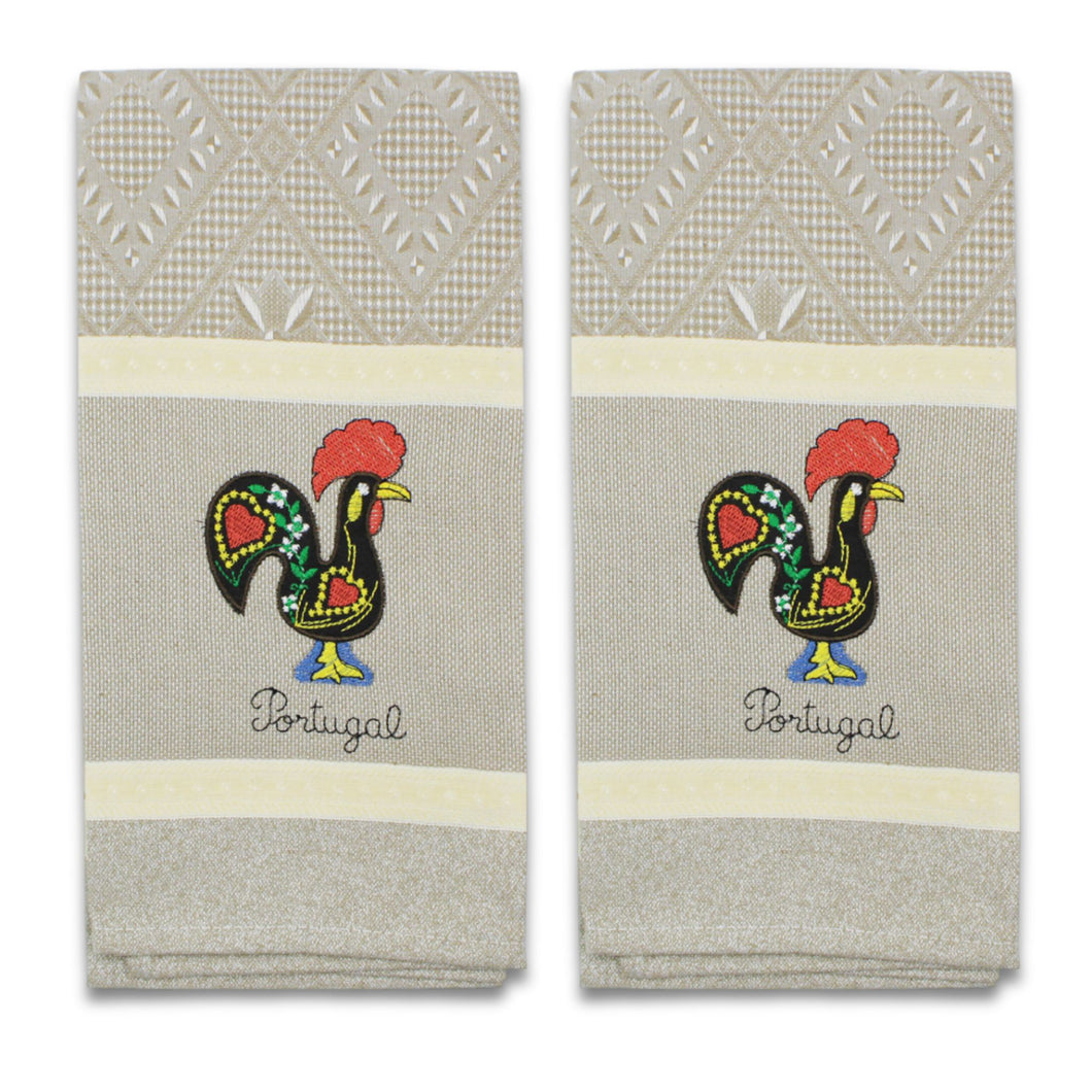 Set of 2 Beige Portuguese Rooster Kitchen Dish Towels - 100% Cotton