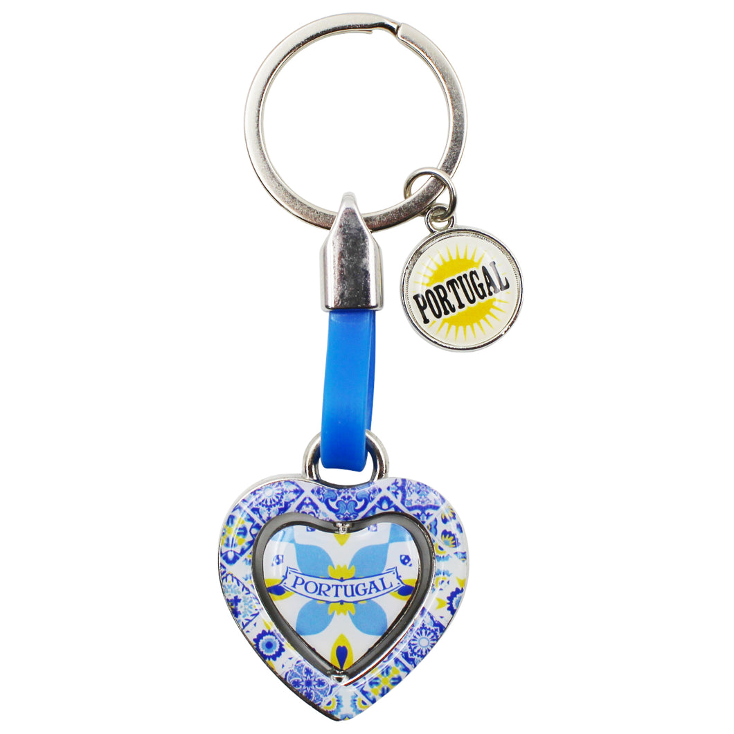 Rotating Heart Yellow Azulejo Design Keychain with Portugal Emblem Charm