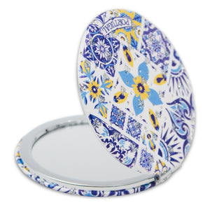 Portugal Azulejo Tile Design Compact Mirror with Sparkle - Decorative Travel Pocket Mirror