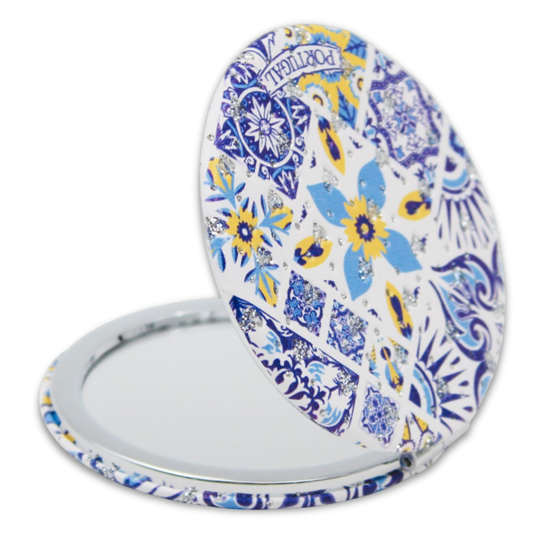 Portugal Azulejo Tile Design Compact Mirror with Sparkle - Decorative Travel Pocket Mirror