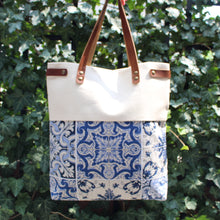 Load image into Gallery viewer, Praceta Lisboa Canvas Tote Bag with Blue Azulejo Tile Design and Leather Straps
