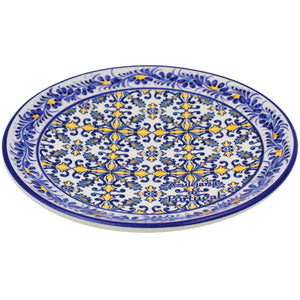 Portuguese Decorative Ceramic Plate – Blue and Yellow Azulejo Tile Center with Hand-Painted Floral Border, 9.75" Diameter