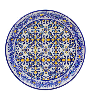 Portuguese Decorative Ceramic Plate – Blue and Yellow Azulejo Tile Center with Hand-Painted Floral Border, 9.75" Diameter