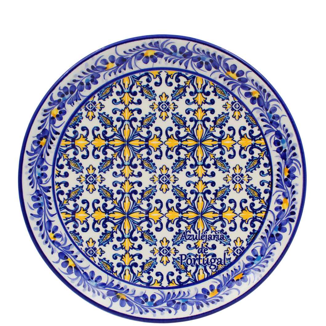 Portuguese Decorative Ceramic Plate – Blue and Yellow Azulejo Tile Center with Hand-Painted Floral Border, 9.75