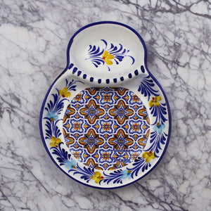 Hand-painted Decorative Ceramic Portuguese Blue Floral and Orange Tile Olive Dish