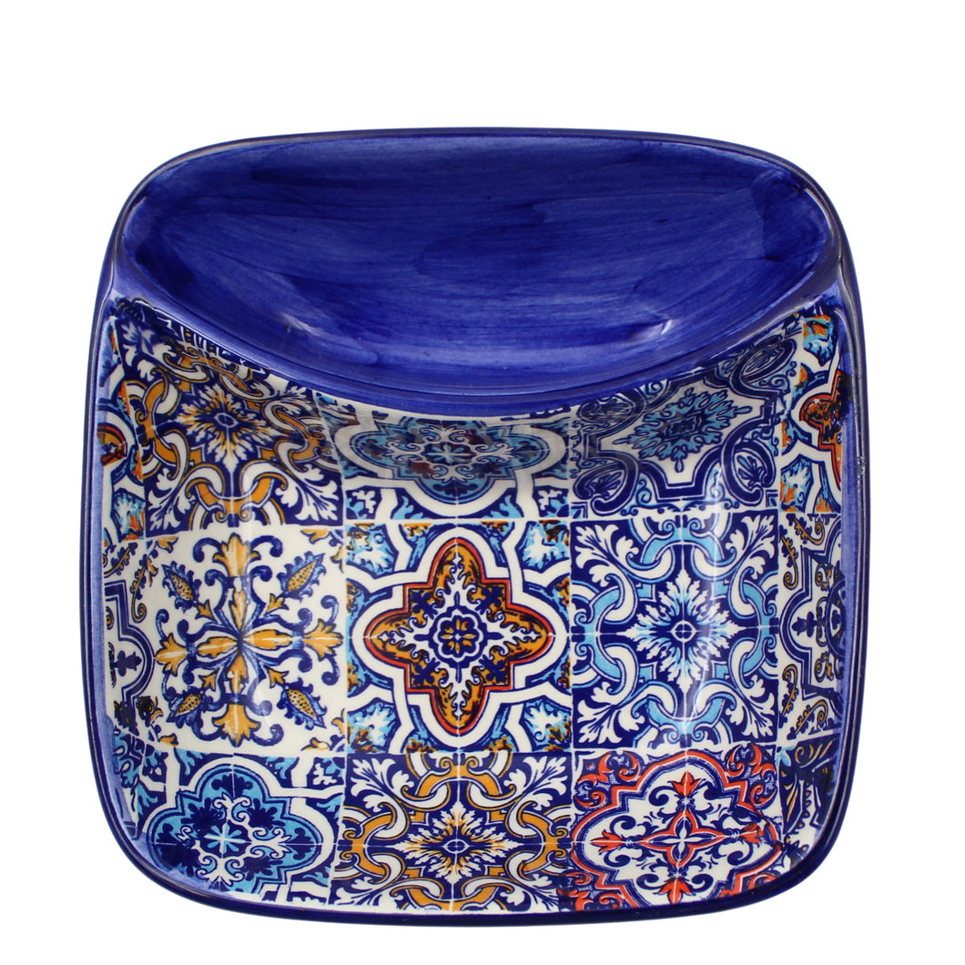 Portuguese Azulejo Ceramic Olive Dish with Pit Holder – Colorful Blue Tile Pattern