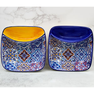 Portuguese Azulejo Ceramic Olive Dish with Pit Holder – Colorful Yellow Tile Pattern
