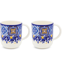 Load image into Gallery viewer, Portuguese Ceramic Mug Set of 2 – Blue Yellow Azulejo Tile and Floral Design

