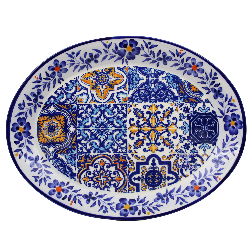 Traditional Multicolor Tile Azulejo Floral Ceramic Oval Platter