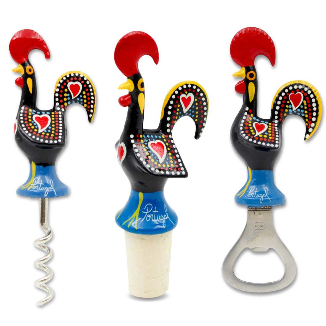 Traditional Hand-Painted Portuguese Good Luck Rooster Bar Set with Corkscrew, Bottle Opener & Stopper