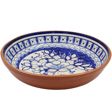 Load image into Gallery viewer, Hand-Painted Portuguese Blue Flower Bouquet Terracotta Serving Bowl - Artisan Crafted
