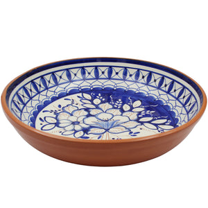 Hand-Painted Portuguese Blue Flower Bouquet Terracotta Serving Bowl - Artisan Crafted