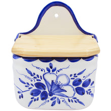 Load image into Gallery viewer, Hand-Painted Portuguese Blue Floral Terracotta Salt Holder with Wooden Lid – Artisan Crafted
