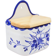 Load image into Gallery viewer, Hand-Painted Portuguese Blue Floral Terracotta Salt Holder with Wooden Lid – Artisan Crafted
