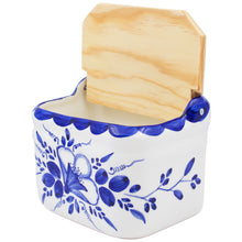 Load image into Gallery viewer, Hand-Painted Portuguese Blue Floral Terracotta Salt Holder with Wooden Lid – Artisan Crafted
