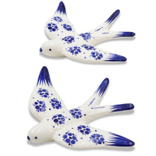 Load image into Gallery viewer, Set of 2 Hand-Painted Ceramic Swallows – Blue Floral Design Wall Decor

