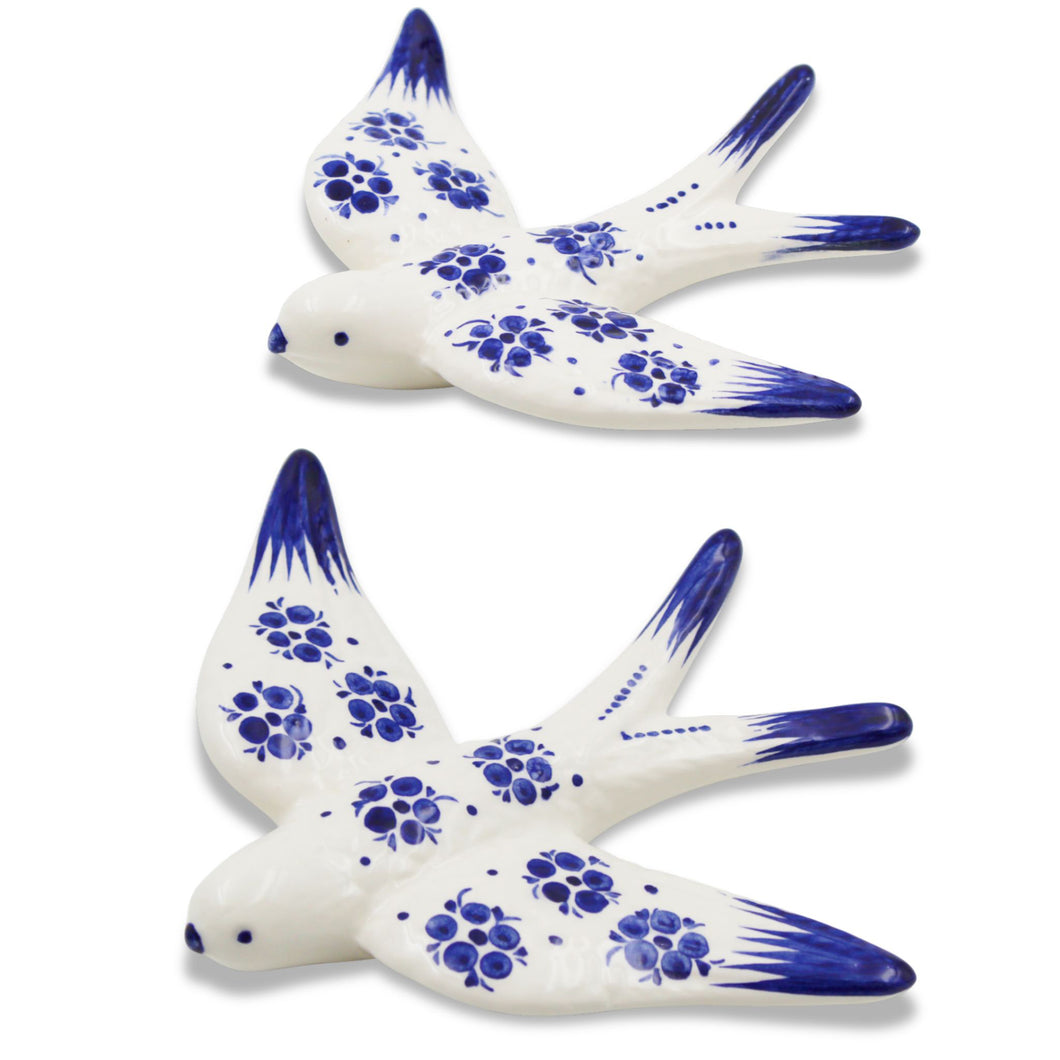 Set of 2 Hand-Painted Ceramic Swallows – Blue Floral Design Wall Decor