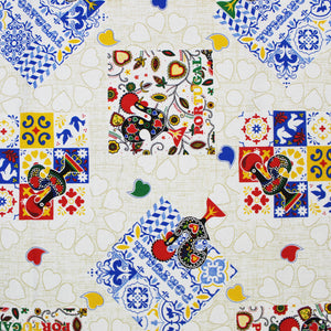 100% Cotton Portuguese Azulejo Good Luck Rooster Hearts Yellow Made in Portugal Tablecloth